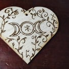 Pyrography Heart, natural wood scene with moons and runes 