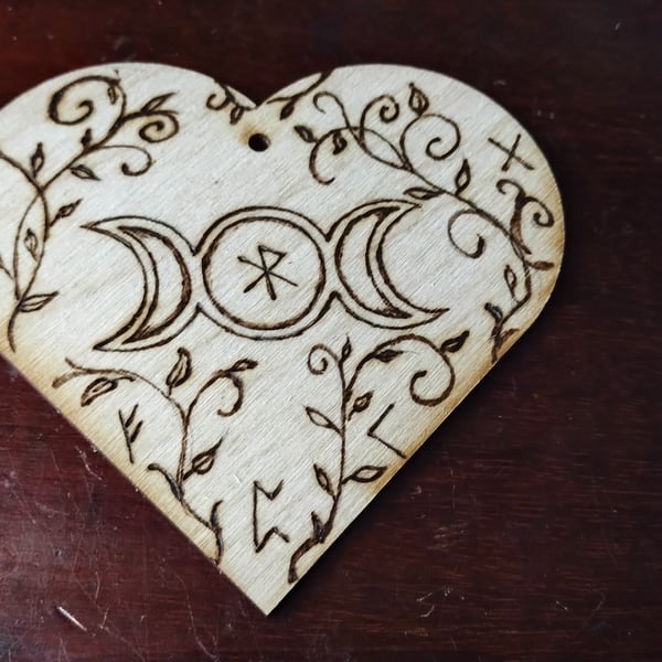 Pyrography Heart, natural wood scene with moons and runes 