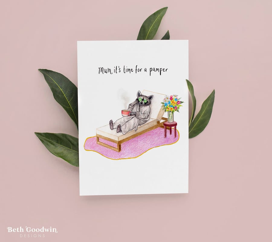 Funny card for Mum - Self care, Funny Mothers Day card, Racoon Spa Day