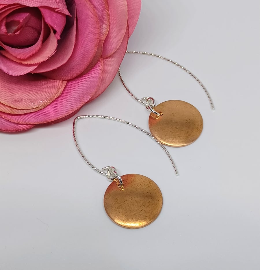 Copper Disc and Sterling Silver Sparkly Earrings