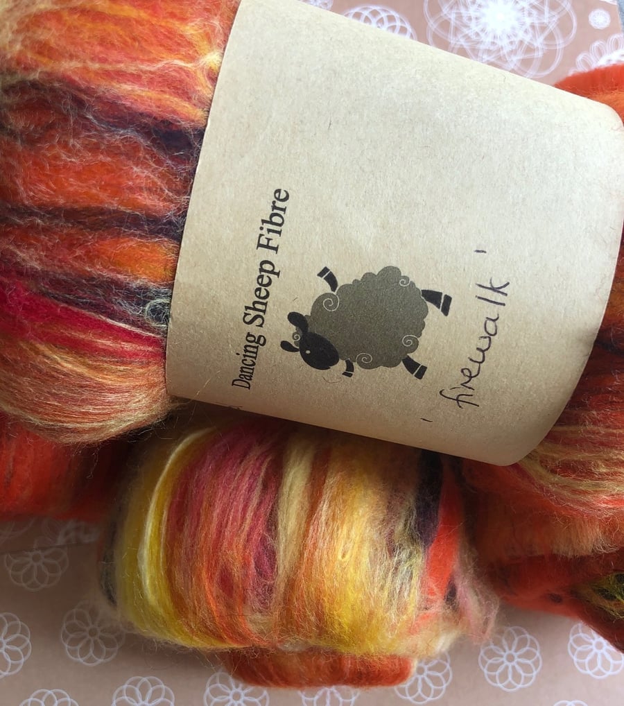 All natural hand blended batt for spinning or felting 'Firewalk'