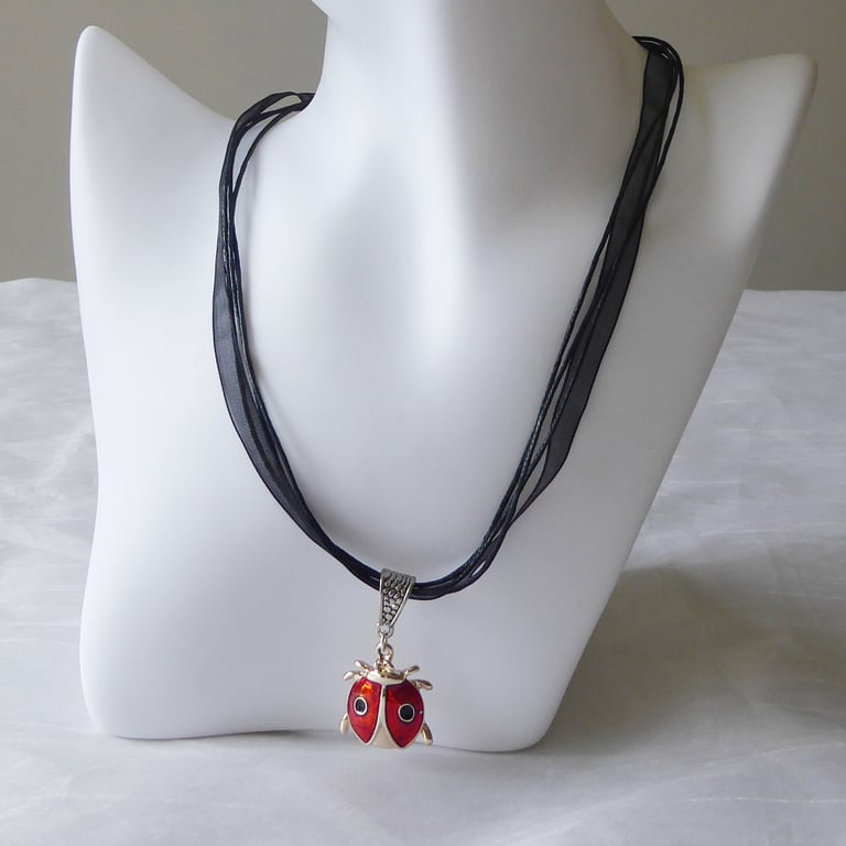 Black Ribbon & Cord Necklace with Enamelled Ladybird Pendant Perfectly Imperfect