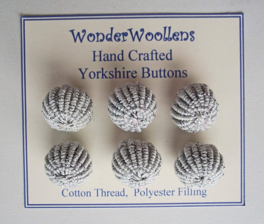 Yorkshire Thread Buttons, set of 6, Handmade, Silver, Shiny , Embellishments