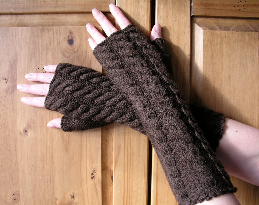 Brown long fingerless gloves wrist warmers hand knitted