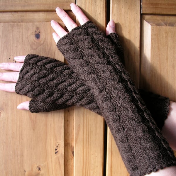 Brown long fingerless gloves wrist warmers hand knitted