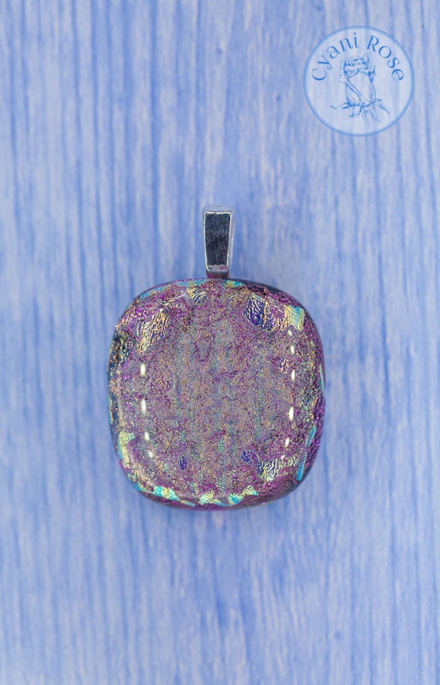 Delicate shimmer sparkle dichroic fused glass pendant pink gold