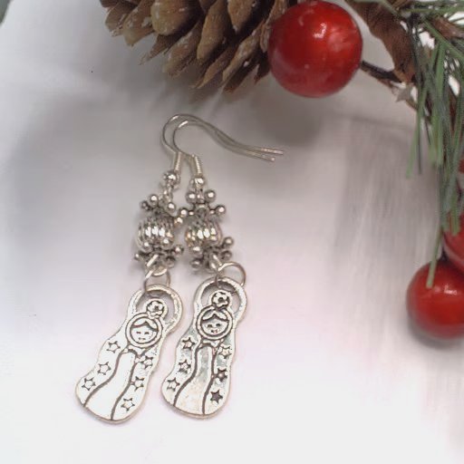 Russian Doll Charm Earrings with Silver Beads, Secret Santa, Christmas Earrings