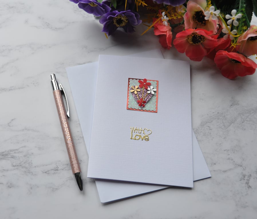 Valentine's Day Card With Love Purple Heart Flowers Free Post 3D Luxury Handmade