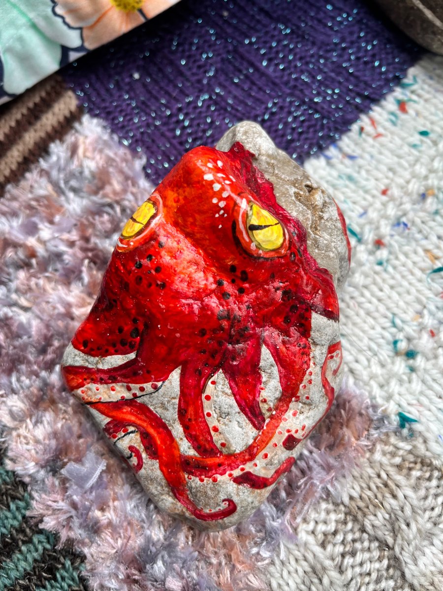 Octopus hand painted red paperweight stone 