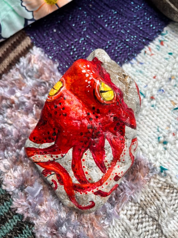Octopus hand painted red paperweight stone 