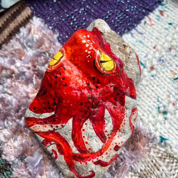 Octopus hand painted red paperweight stone 