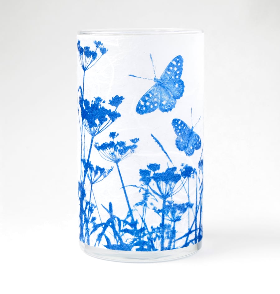 Butterflies, Cow Parsley and Grasses Cyanotype Medium Cylinder Vase 