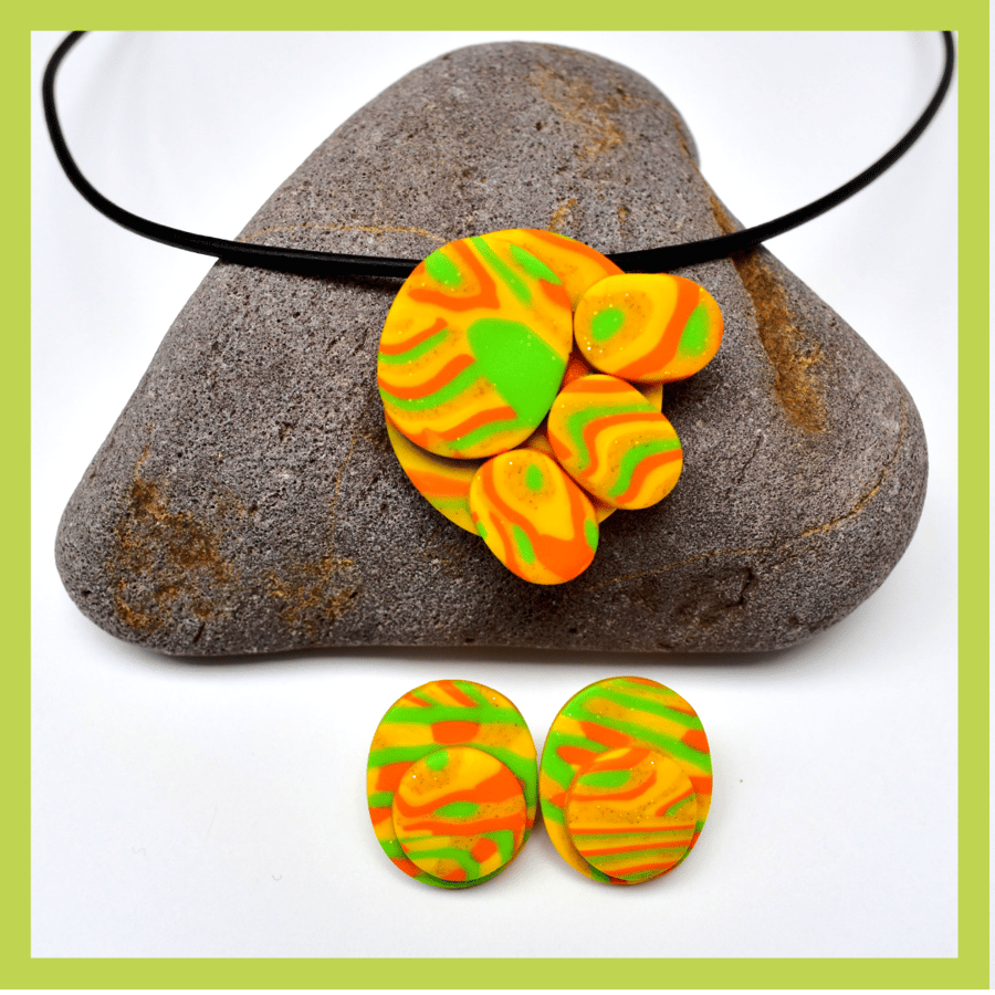 Jonquil Yellow, Orange, Green & Gold Polymer Clay Oval Pendant & Earring Set