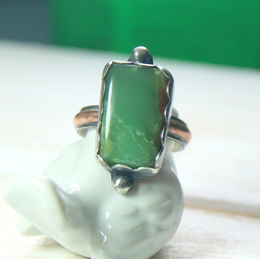 Chrysoprase Ring,  Sterling Silver Ring with Green Stone