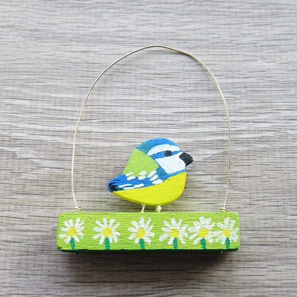 Blue tit ornament, hanging bird decoration.