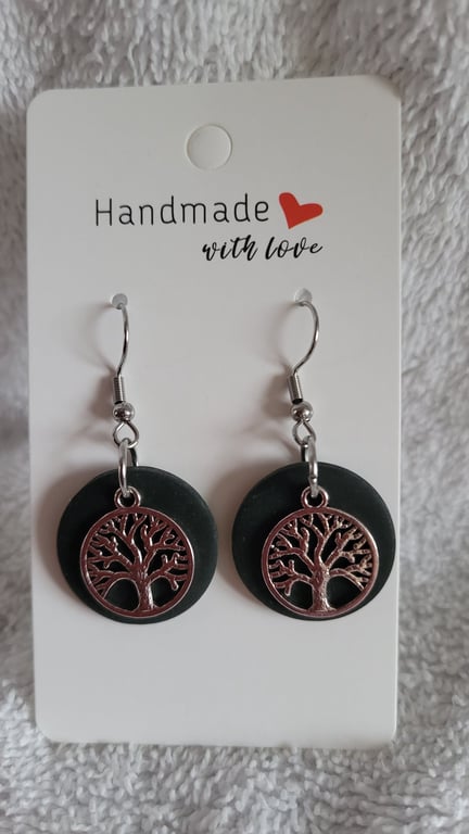 Tree of Life Black Polymer Clay Earrings.  316 Surgical Stainless Steel