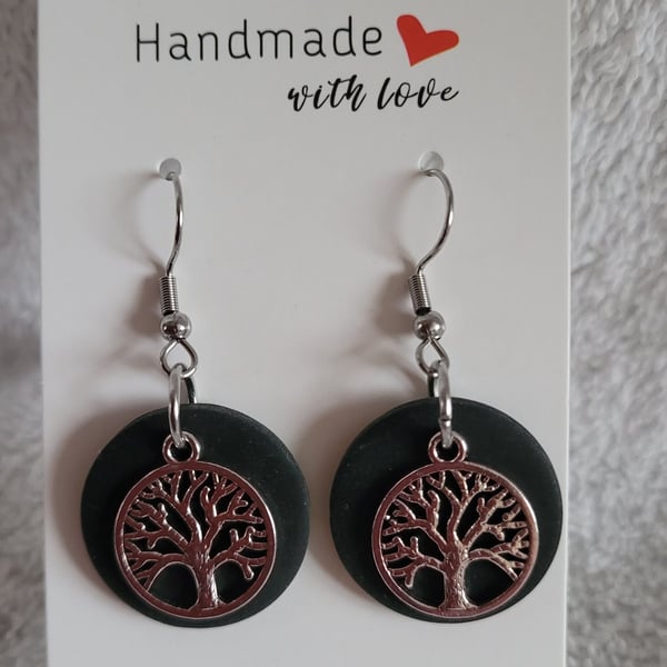 Tree of Life Black Polymer Clay Earrings.  316 Surgical Stainless Steel