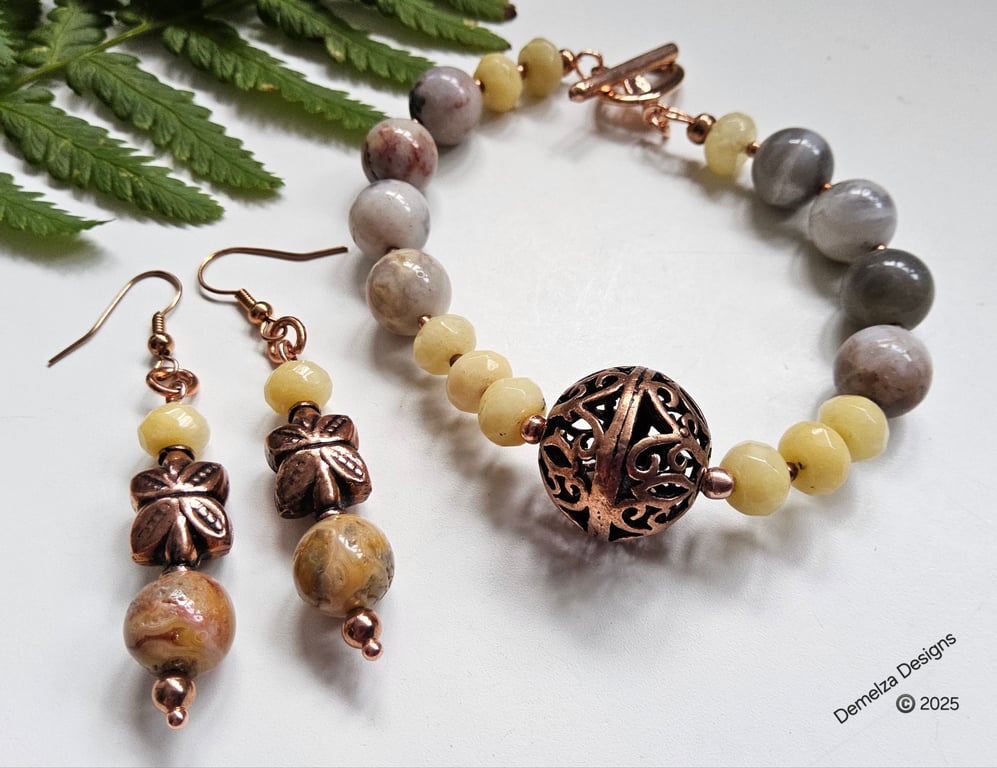 Agate, Yellow Jade & Large Copper Statement Copper Bead Bracelet ; Earrings 