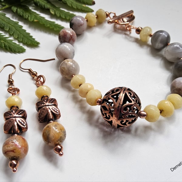 Agate, Yellow Jade & Large Copper Statement Copper Bead Bracelet ; Earrings 