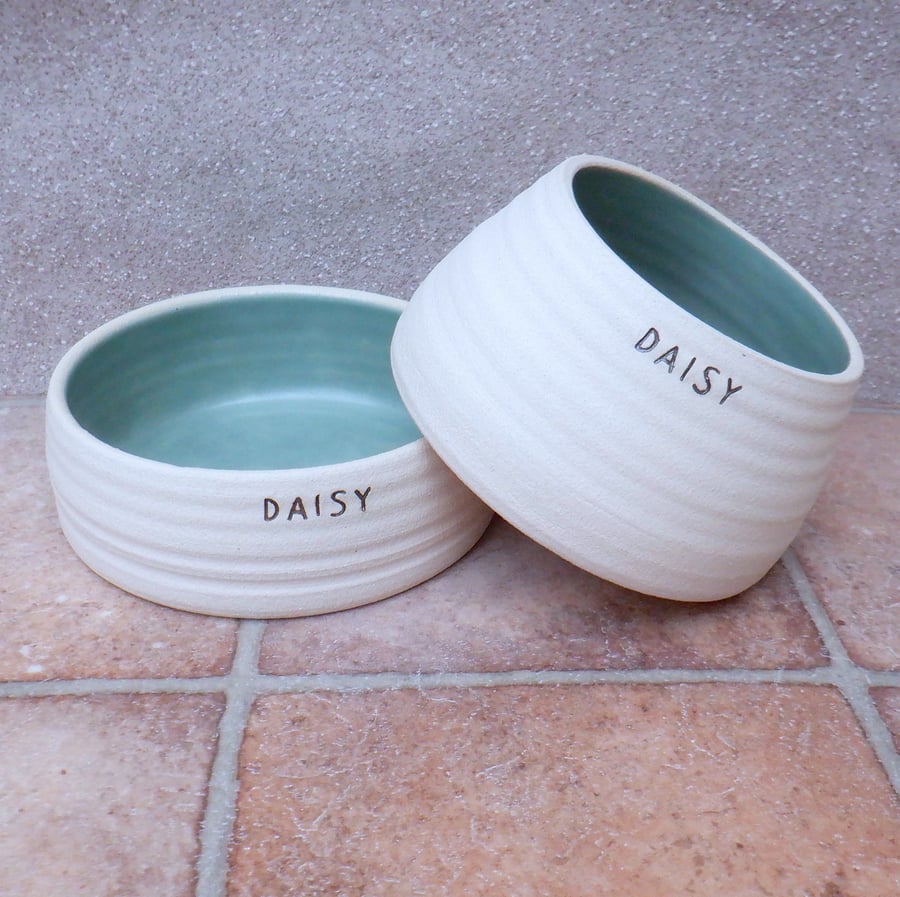 Pair of personalised spaniel water and food bowls wheelthrown stoneware pottery 