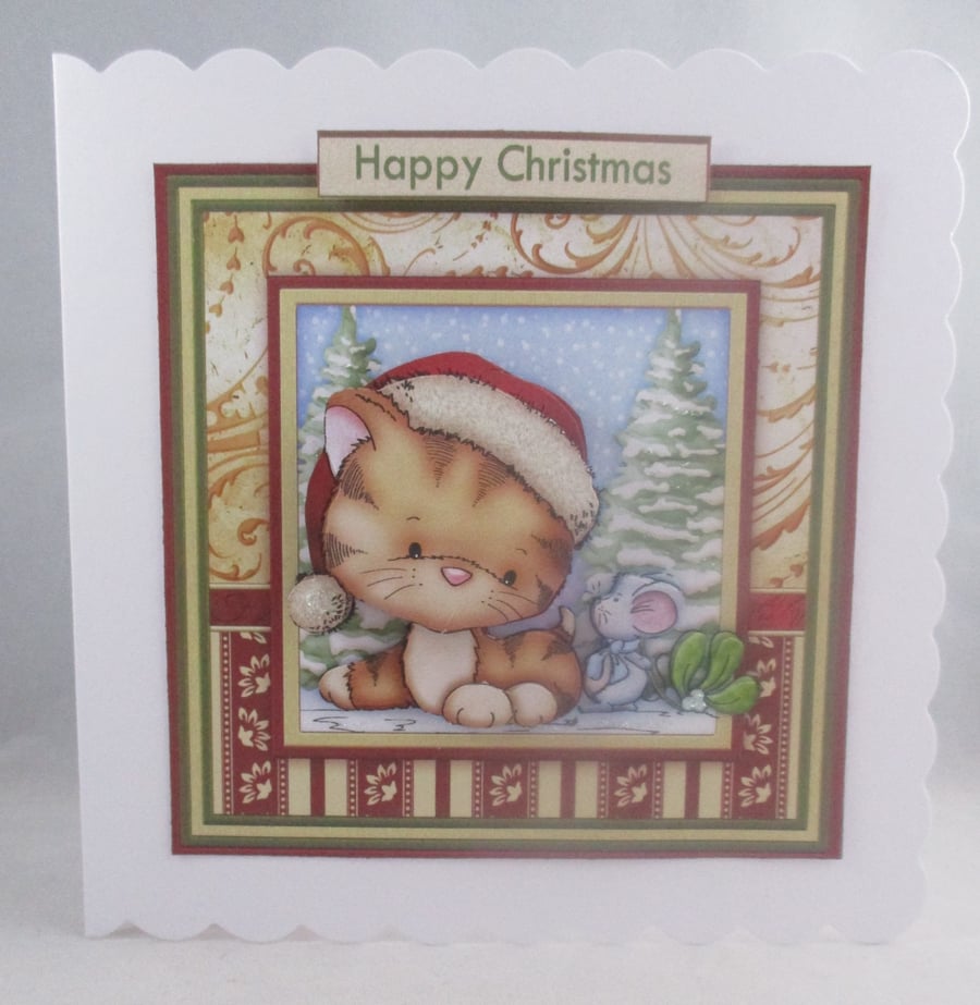 Cute Kitten, Santa Hat Christmas Card, Personalise,3D,Decoupage