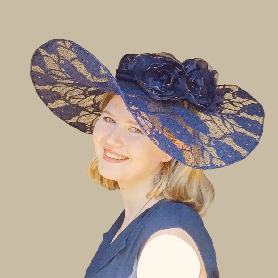 Audrey Large Navy Blue Lace Brim Hat