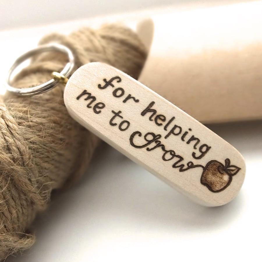 Gift for Teacher, Hand Burned Pyrography Wooden Thank you Apple Keyring