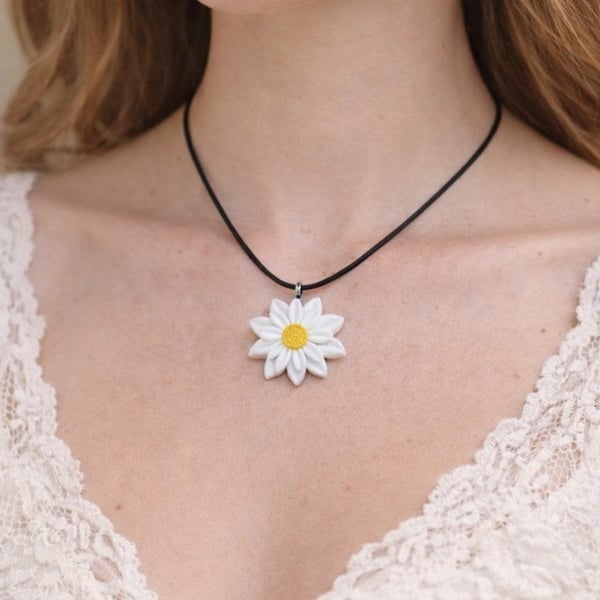 Handmade Polymer Clay Daisy Pendant Necklace, Colourful Artisan Boho Jewelry