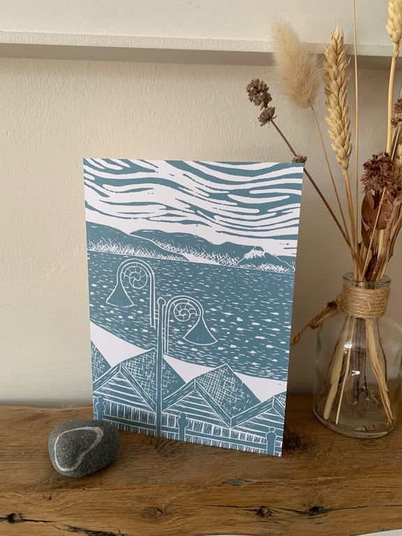 Original Lino print card of Lyme Bay