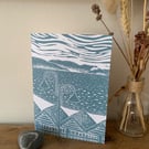 Original Lino print card of Lyme Bay