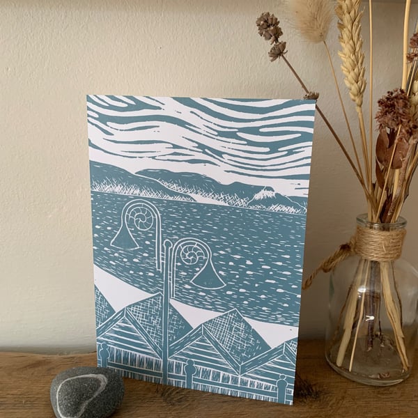 Original Lino print card of Lyme Bay