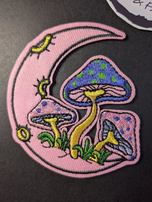 Pink Crescent Moon & Psychedelic Mushrooms Embroidered Iron-On Patch - 7.5x6.5cm
