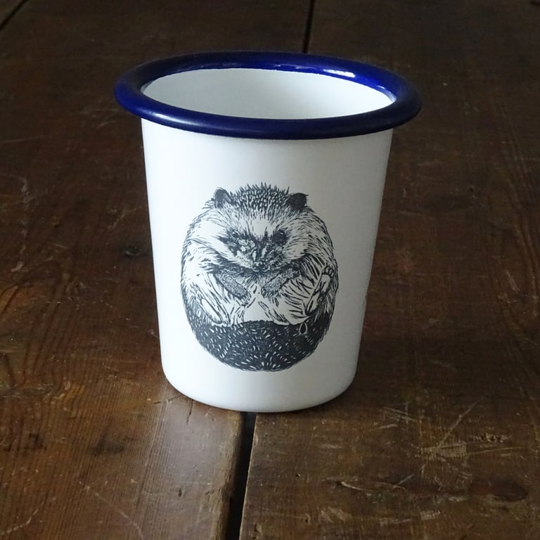 Cute Hedgehog Tumbler Cup- blue & white enamel pen, pencil, brush holder,camping