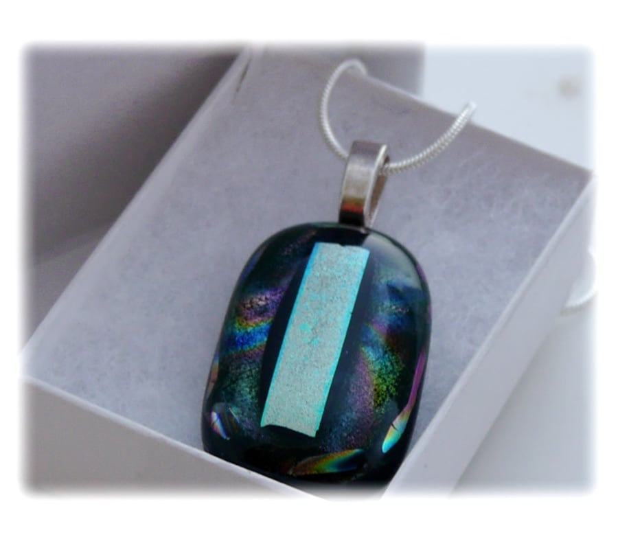 Dichroic Glass Pendant 003 Emerald Heather fused with silver plated chain