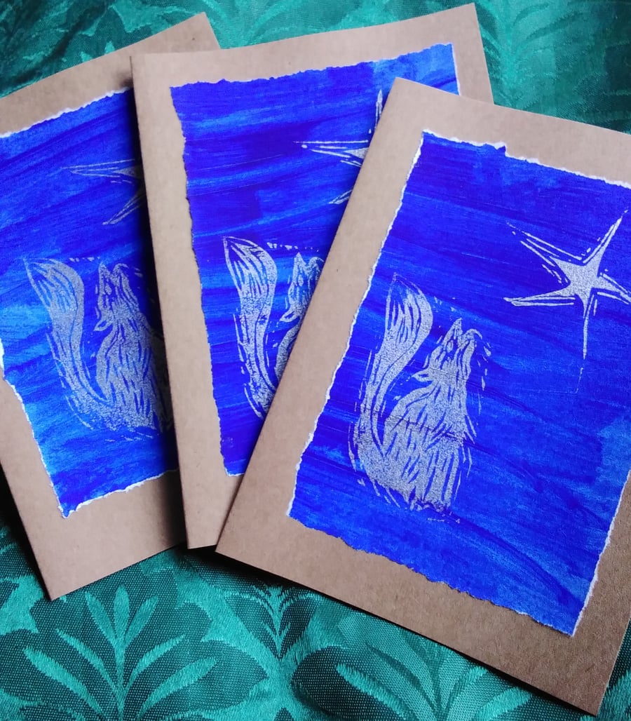 3 Howling Wolf linocut greetings cards