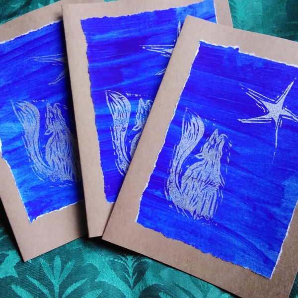 3 Howling Wolf linocut greetings cards