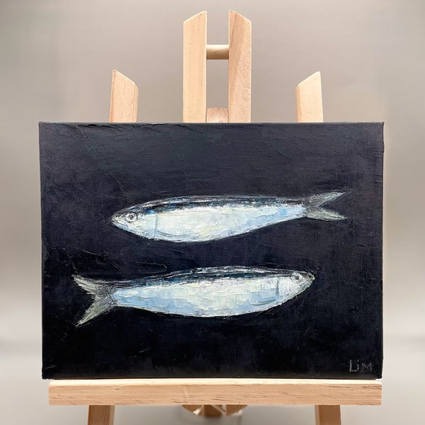 Sardine Original Art Fish Painting Kitchen Wall Art Food Miniature Painting on C