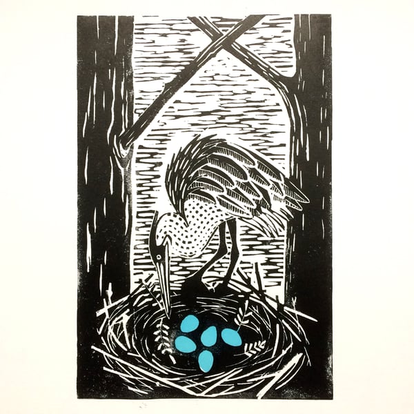 'Heron's Nest' Lino Print