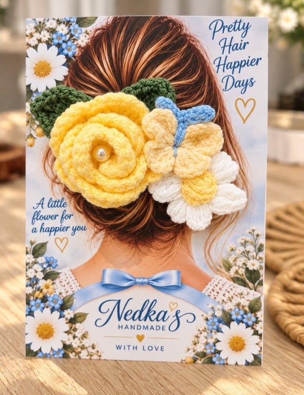 Handmade Yellow Floral Hair Clip – Crochet Flower & Butterfly