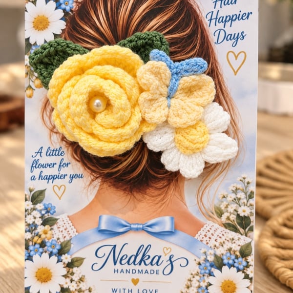 Handmade Yellow Floral Hair Clip – Crochet Flower & Butterfly