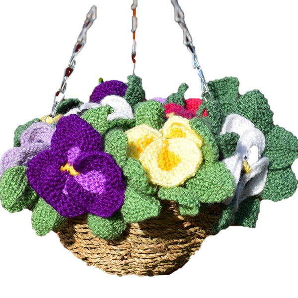 Knitting Pattern for Pansy Hanging Basket.  Digital Pattern
