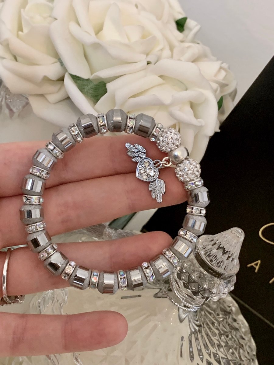 Shamballa Sparkly Heart Angel Wings Bracelet Silver Grey 