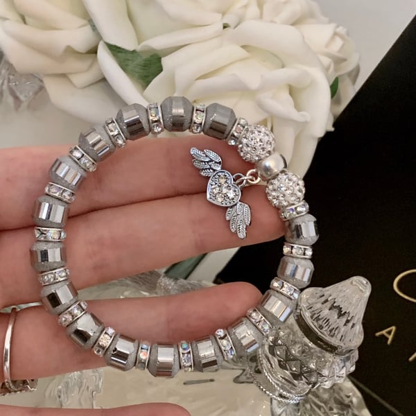 Shamballa Sparkly Heart Angel Wings Bracelet Silver Grey 