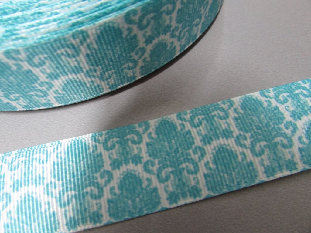 Pale Blue and White Damask 2.5cm Grosgrain Ribbon x 1 metre