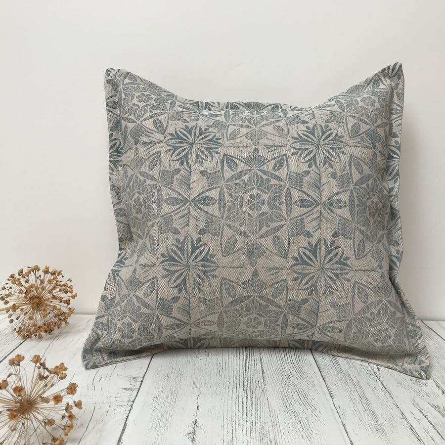 Hand Printed Linen Square Cushion  - ASTA - Duck Egg Blue