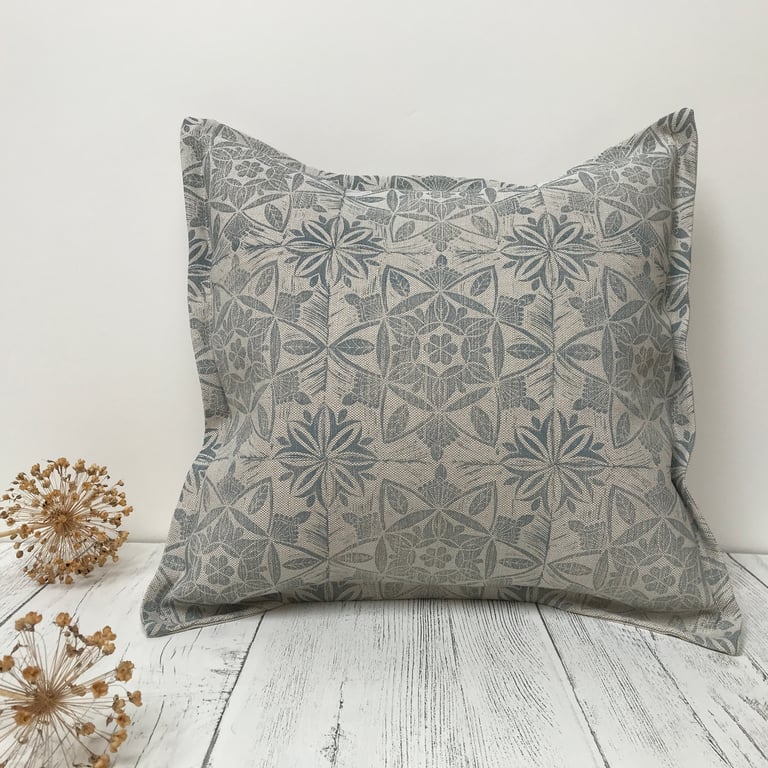 Hand Printed Linen Square Cushion  - ASTA - Duck Egg Blue