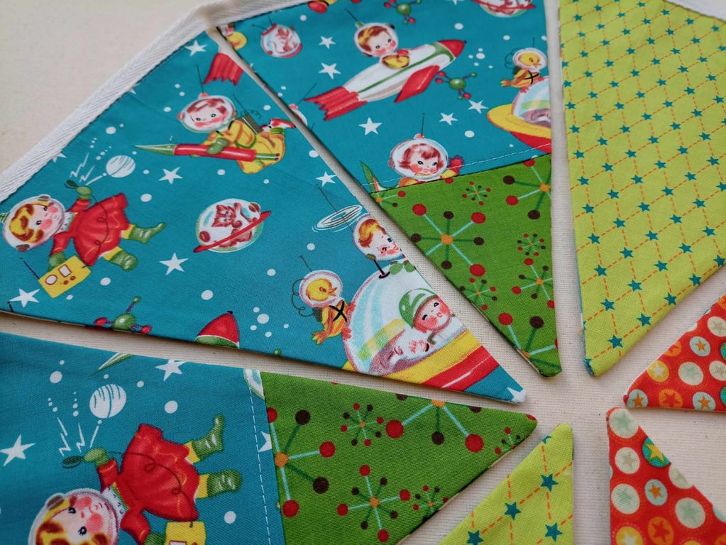 Reversible Bunting - Space kids and Cowboy Santa - retro theme  