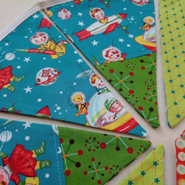 Reversible Bunting - Space kids and Cowboy Santa - retro theme  