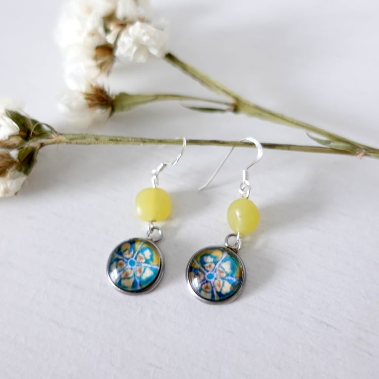 Jade Stone and Floral Art Drop Earrings, Handmade from Original Painting