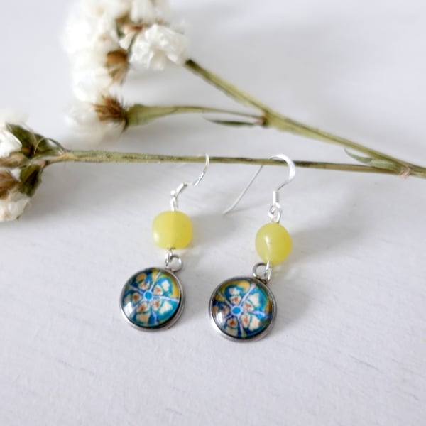 Jade Stone and Floral Art Drop Earrings, Handmade from Original Painting
